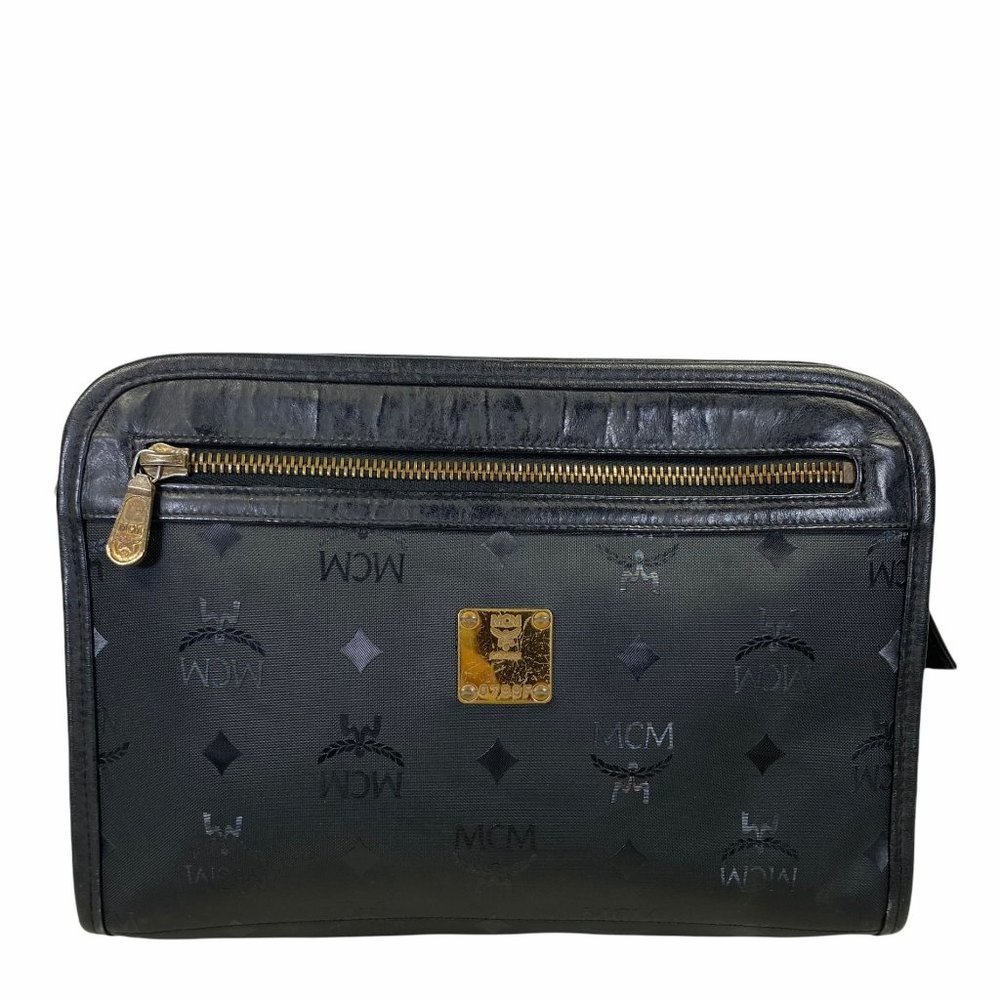 Authentic MCM Clutch Bag Black PVC Used Handbag Vintage On Sale